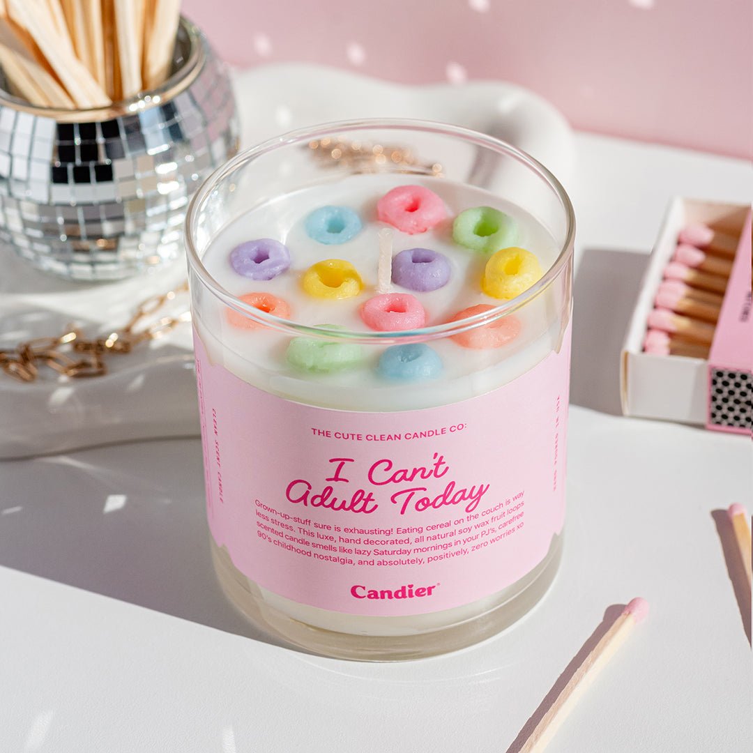 Candier fruit loop candle with real cereal candle scent and realistic froot loop candle details 
