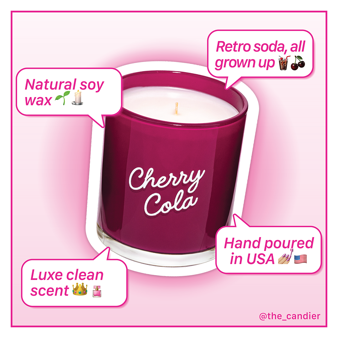 Candier Candle Cherry Cola benefit graphic highlighting: natural soy wax, clean scent, made in USA. Retro soda aesthetic with a luxe dessert candle twist.