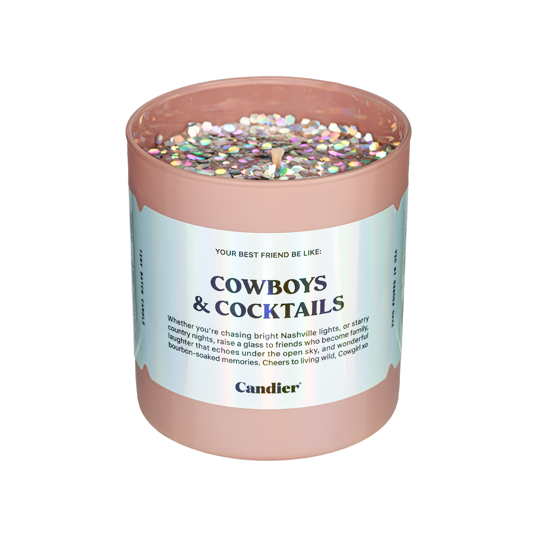 Candier Cowboys & Cocktails cowgirl candle with plant based glitter. A luxury candle with coastal cowgirl aesthetic and Nashville style. Perfect cowgirl bachelorette gift