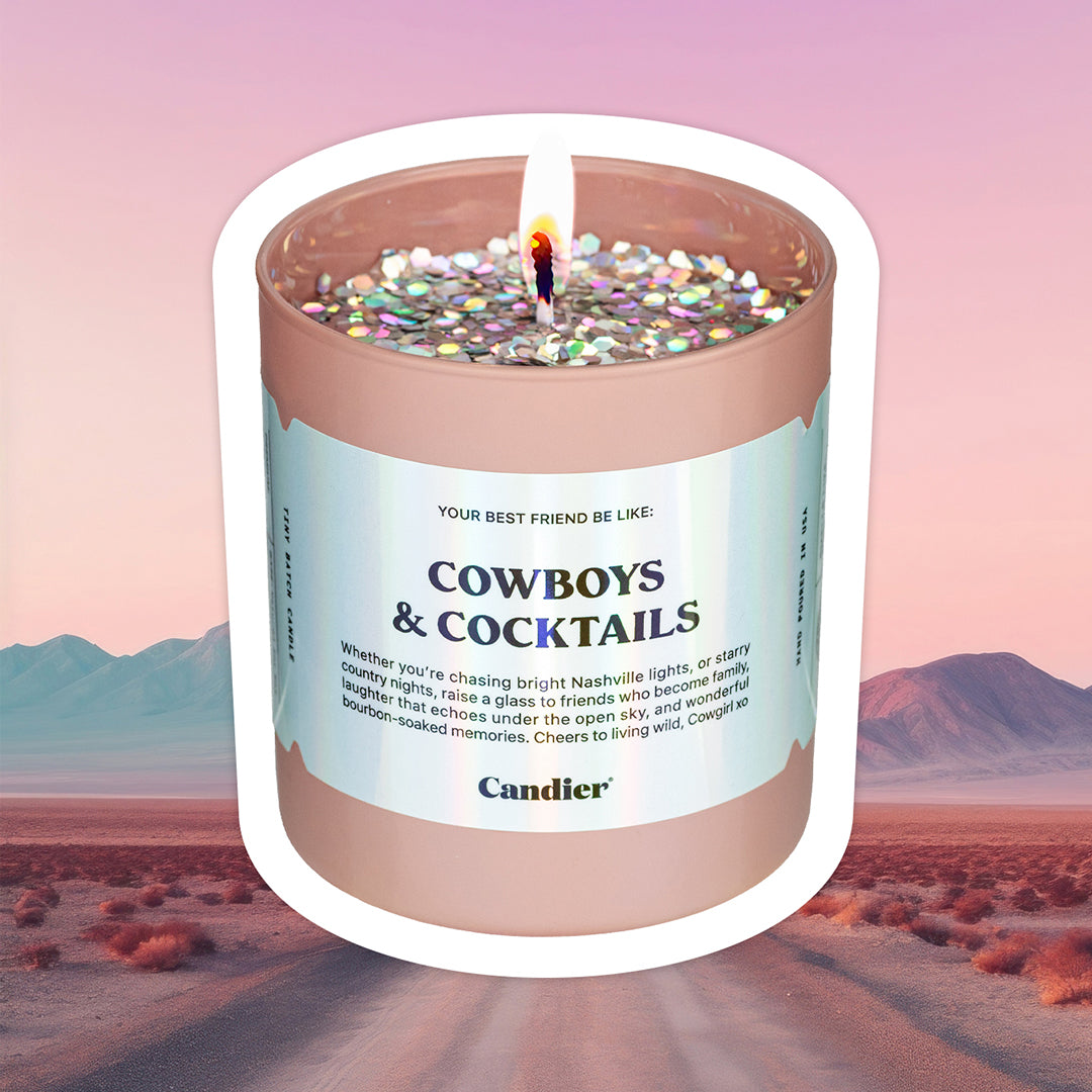 Luxury cowgirl candle from Candier with Nashville style. Cowboys and Cocktails is perfect for a cowgirl bachelorette weekend gift idea. Soy wax candle with sparkly cocktail-inspired scent, and plant based glitter