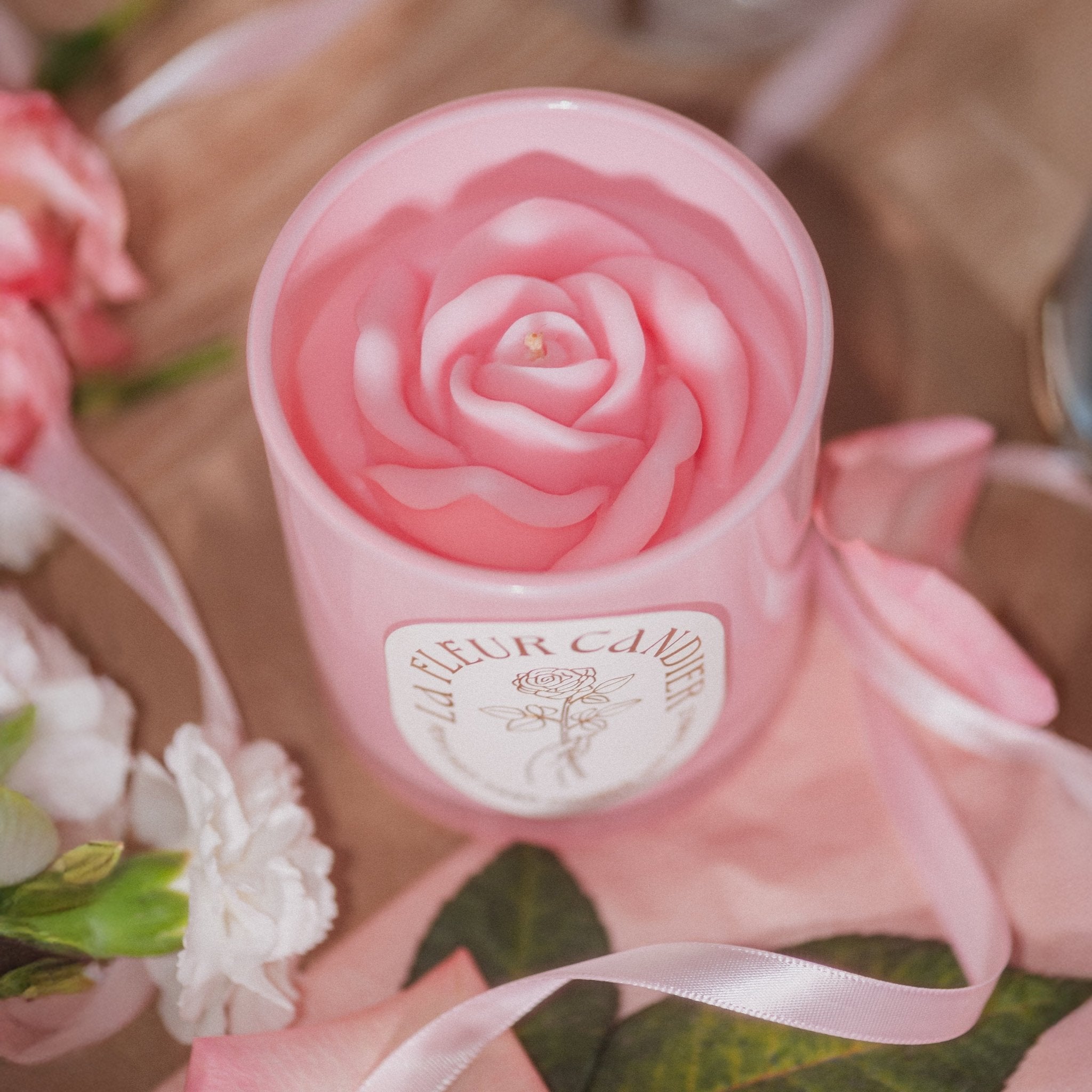 Pink rose candle by Candierwith soft floral styling, a floral candle and cute room decor piece with soft girl aesthetic