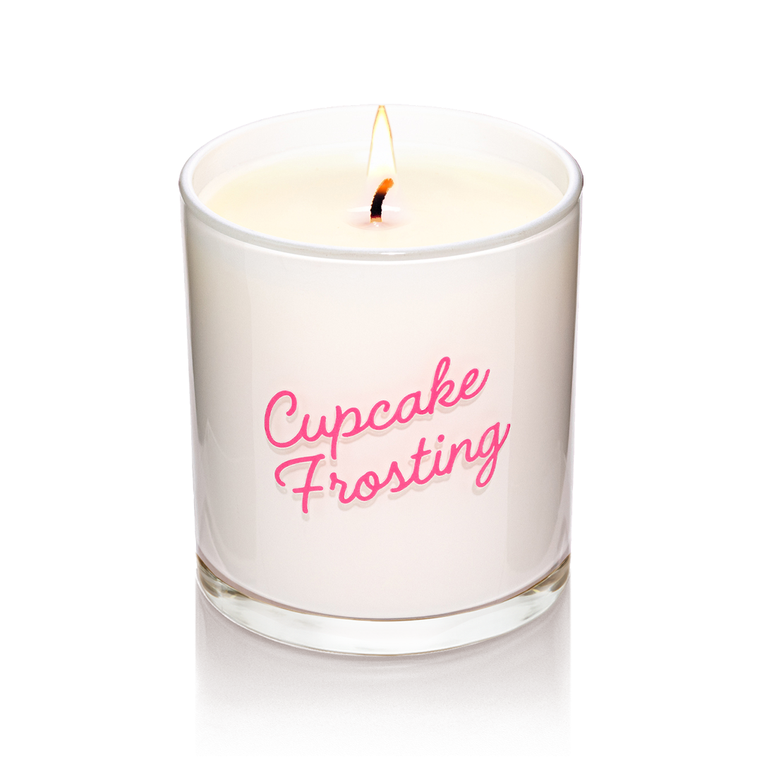 Candier Cupcake Frosting candle in glossy white glass with pink cursive logo. A vanilla scent candle with soft girl aesthetic