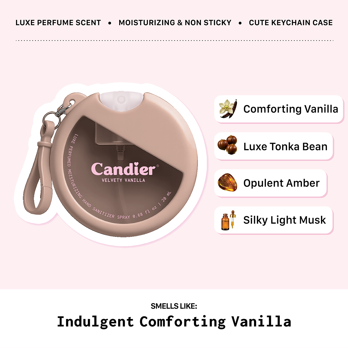 Candier perfumed Cute hand sanitizer​ with vanilla fragrance and gourmand scent, great for plane travel
