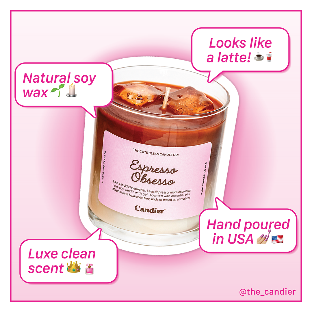 Candier Espresso Obsesso coffee-scented candle – iced coffee candle with vanilla scent, gourmand fragrance, caramel, and brown sugar. Looks like a latte! gifts for coffee lover​