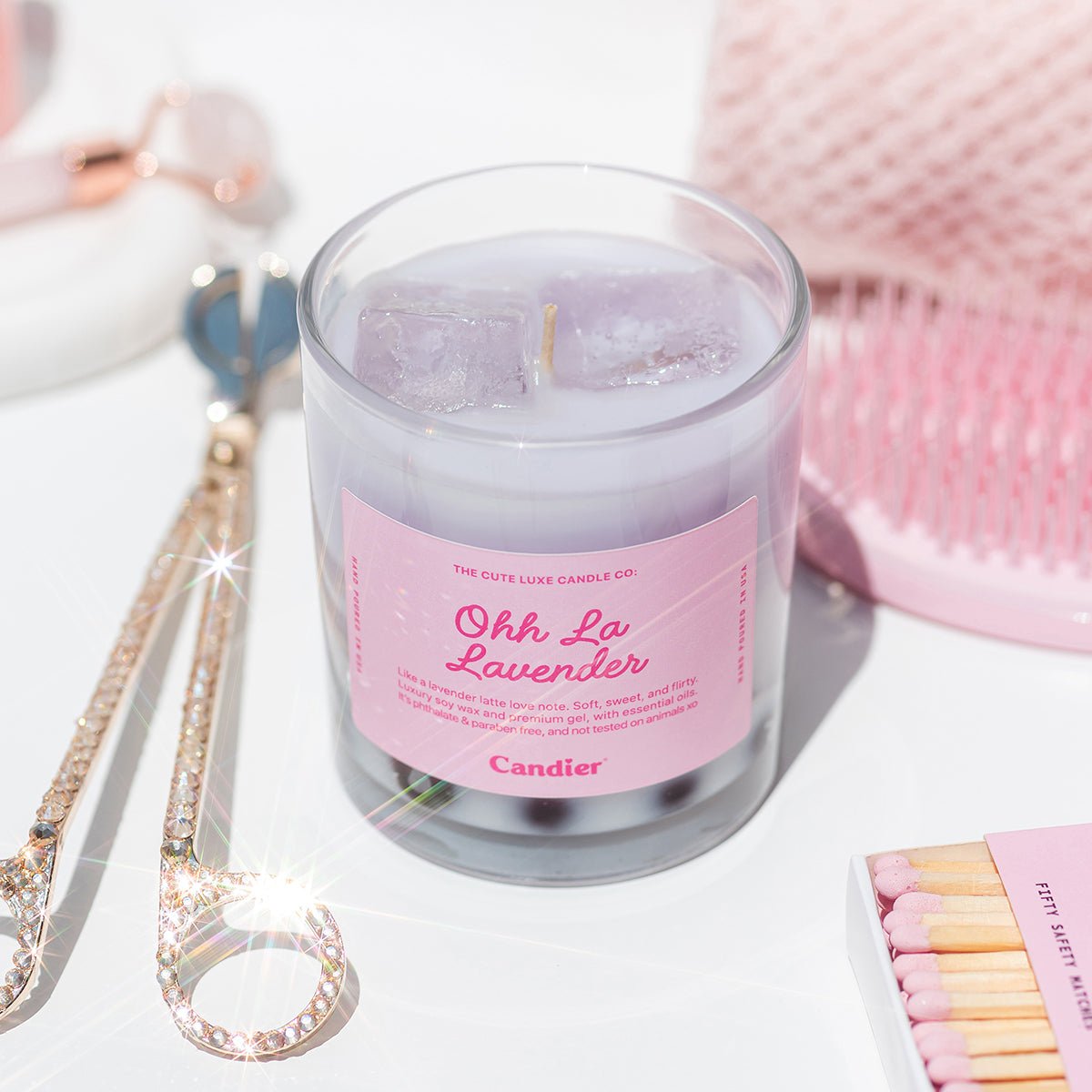 Lavender Candle labeled 'Ohh La Lavender' that looks like real bubble tea latte, by candier 