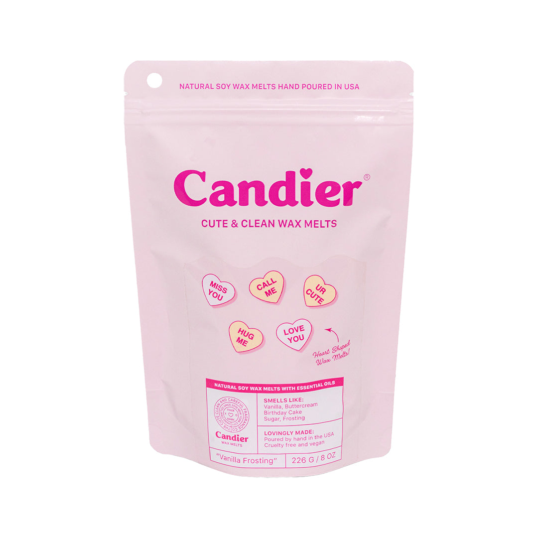 Front view of Candier Vanilla Frosting Wax Melts pouch. Light pink packaging with conversation heart graphics and soft girl aesthetic branding.