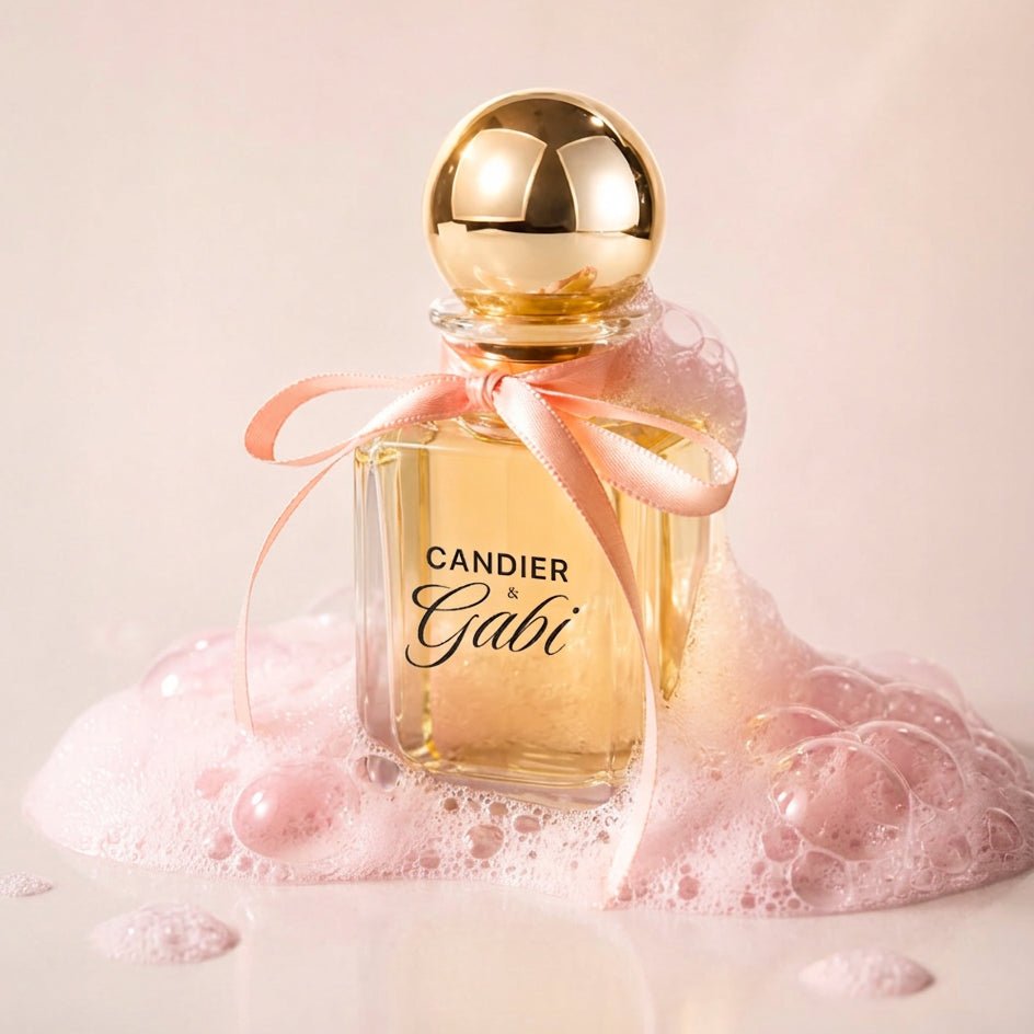 Front view of Candier x Gabi Pink Air perfume with a pink satin bow and spherical gold cap in warm studio with pink bubbles