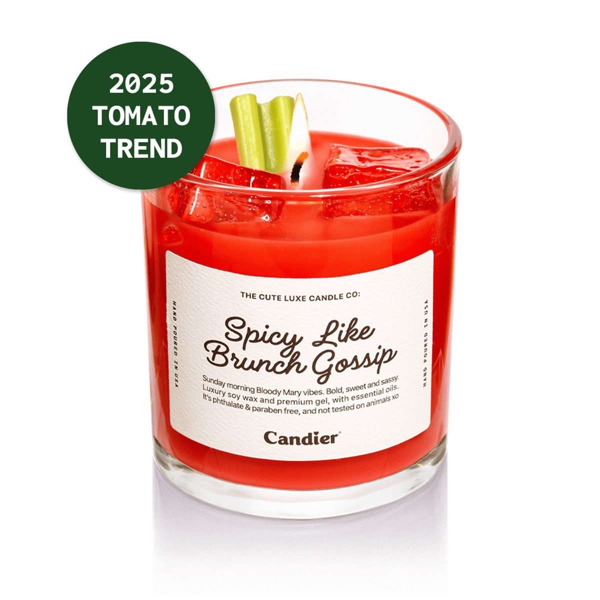 Candier Spicy Like Brunch Gossip tomato leaf candle – luxury clean-scent Bloody Mary candle, hand-poured in the USA with soy wax, realistic gel ice cubes, and celery garnish.