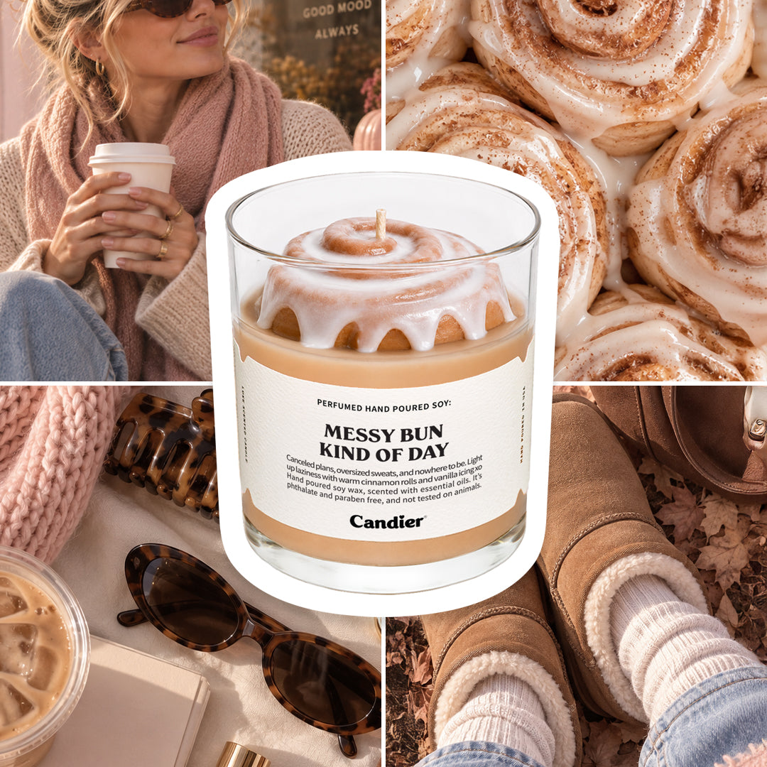 Best fall candle by Candier with cinnamon roll detail and label that reads Messy Bun Kind Of Day with cute girl dressed in autumn outfit