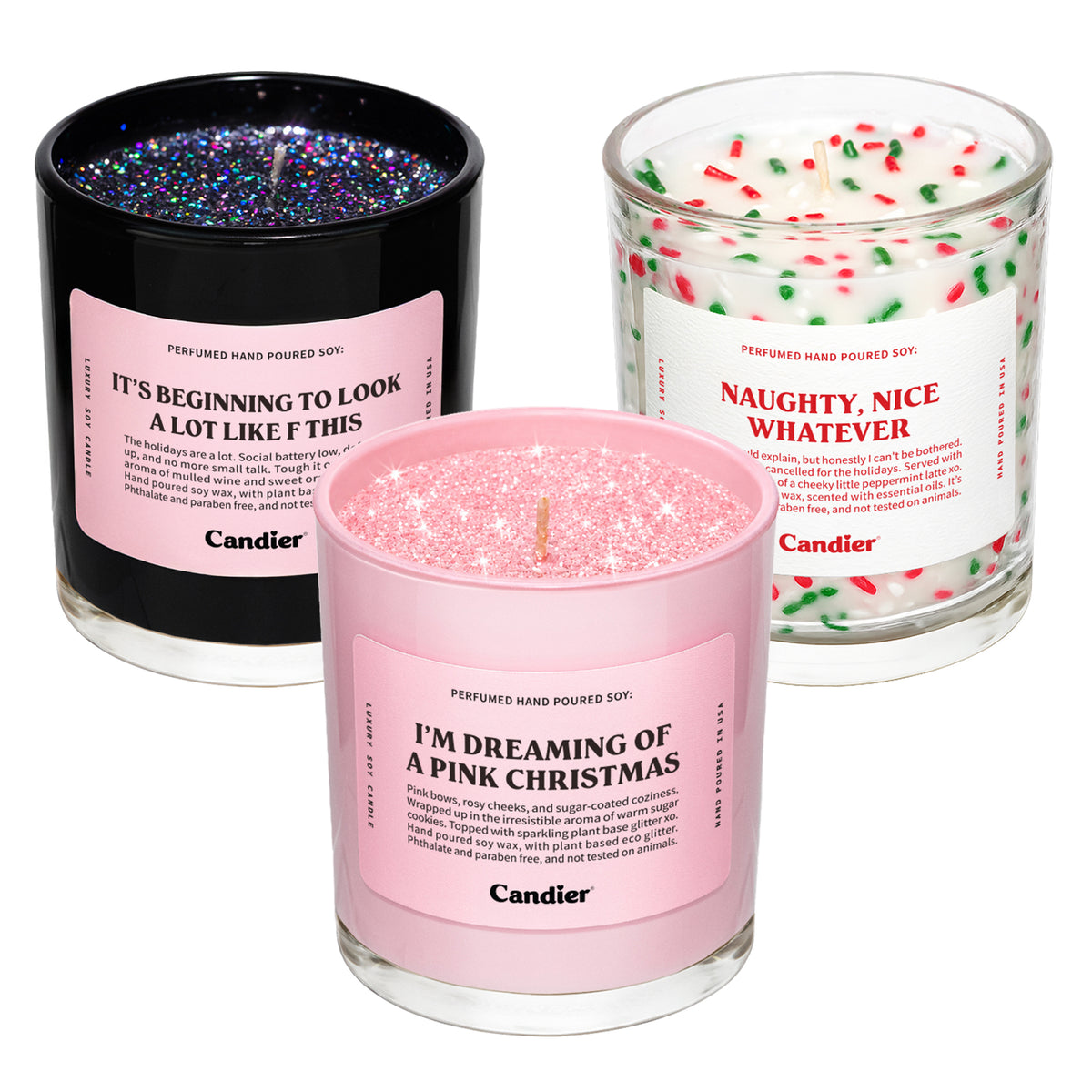Three naughty and nice Christmas candles