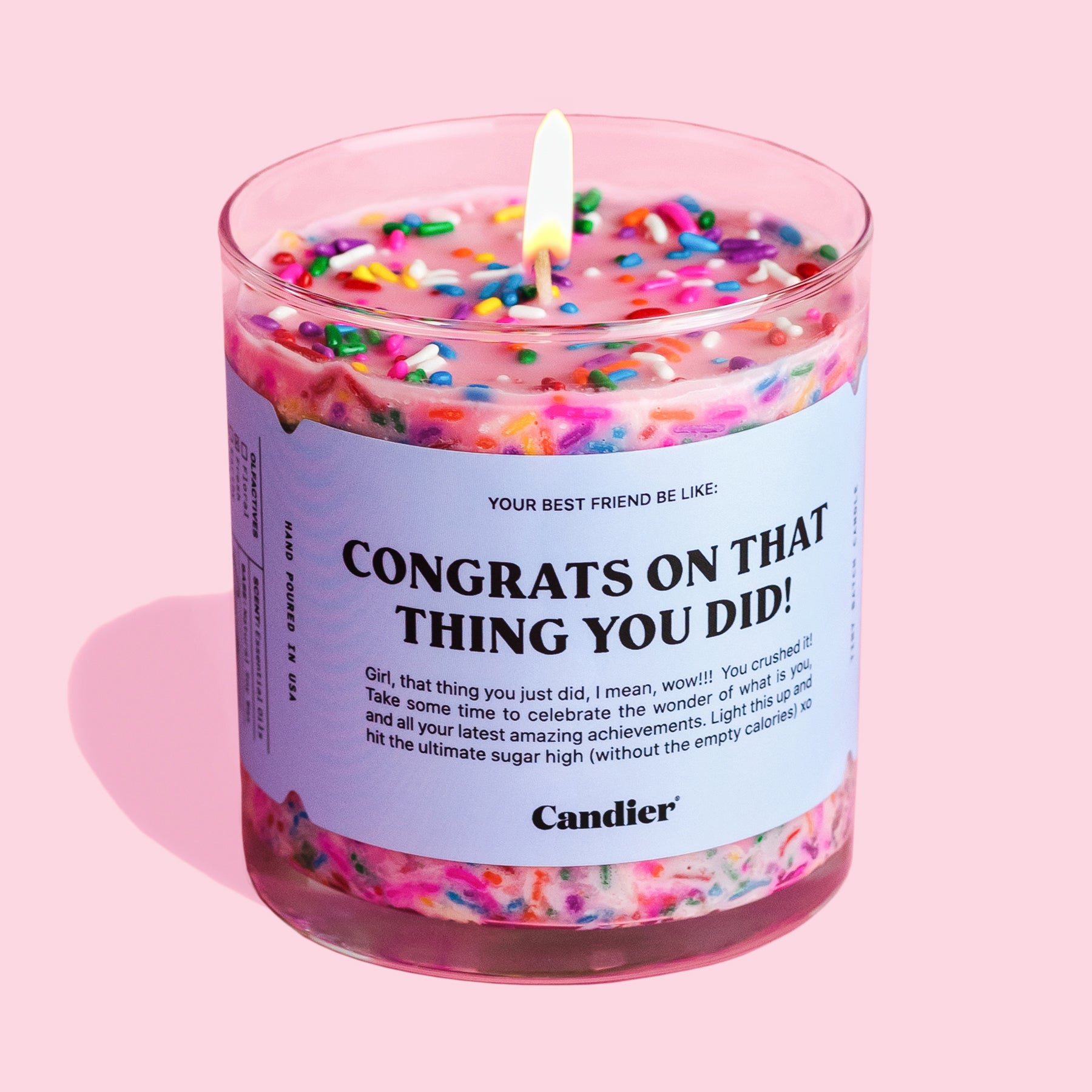Congratulations gift​ candles with fun sprinkles – a sweet strawberry shortcake candle. This Candier candle makes the best luxury candles gift for women and teen girls