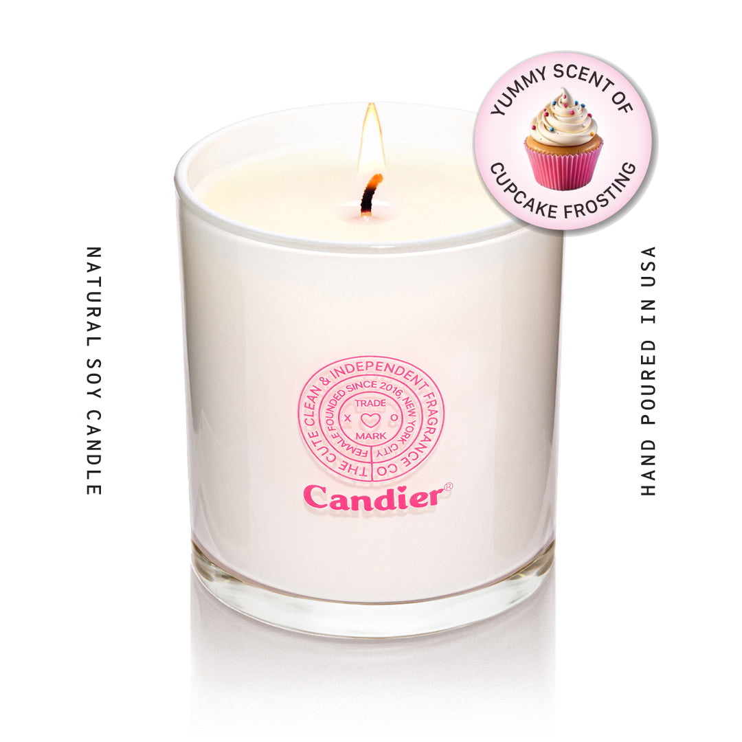 Candier Cupcake Frosting luxury dessert candle with vanilla girl aesthetic. Features a natural soy wax formula and is hand-poured in the USA. Best vanilla candle with gourmand scent for soft girl style