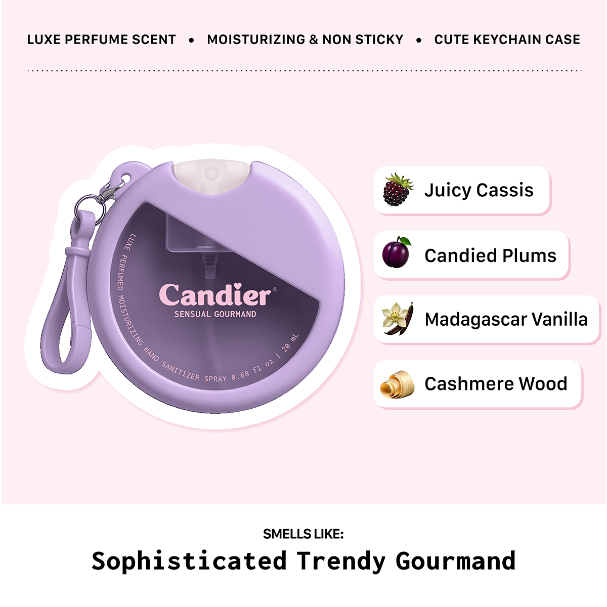 Candier Scented moisturizing hand sanitizer​ that smells like perfume with gourmand scent and cute travel holder keychain