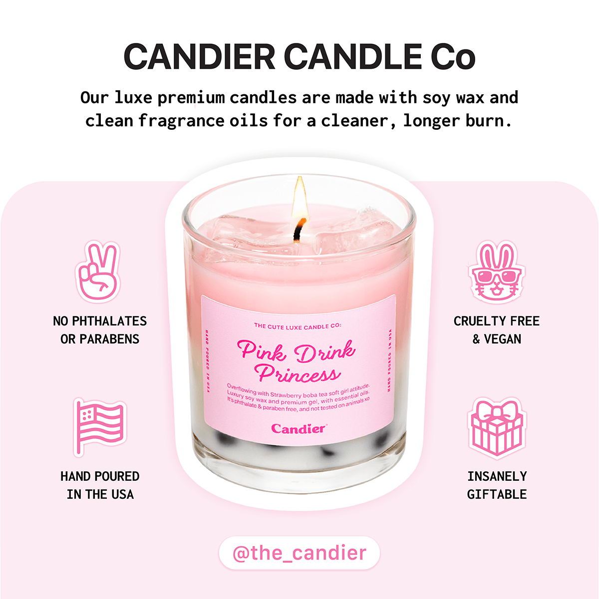 Cute candle with pink aesthetic label on a white background, featuring text about why Candier is best candle brands