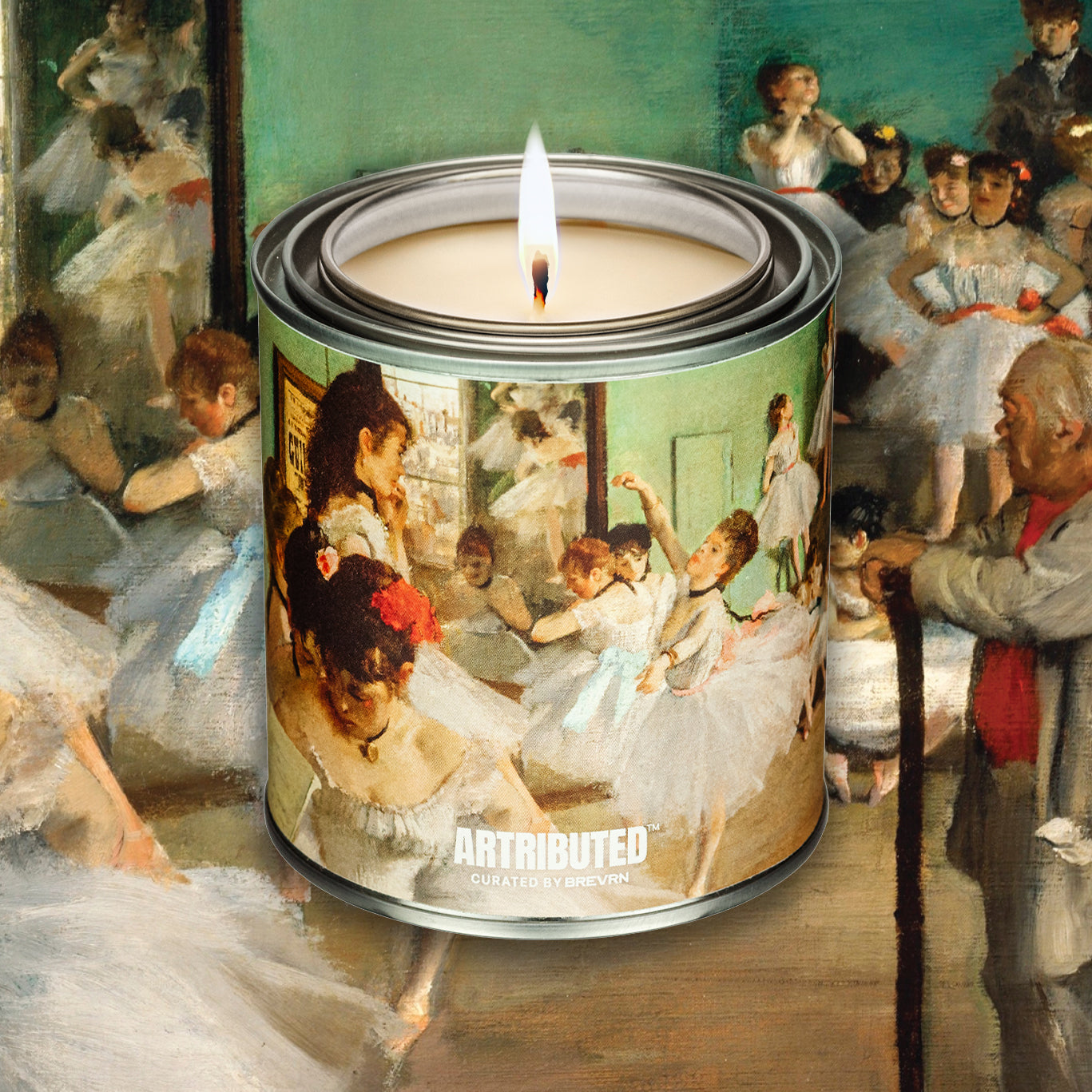 Lit Degas The Dance Class candle featuring famous artwork, background filled with the painting