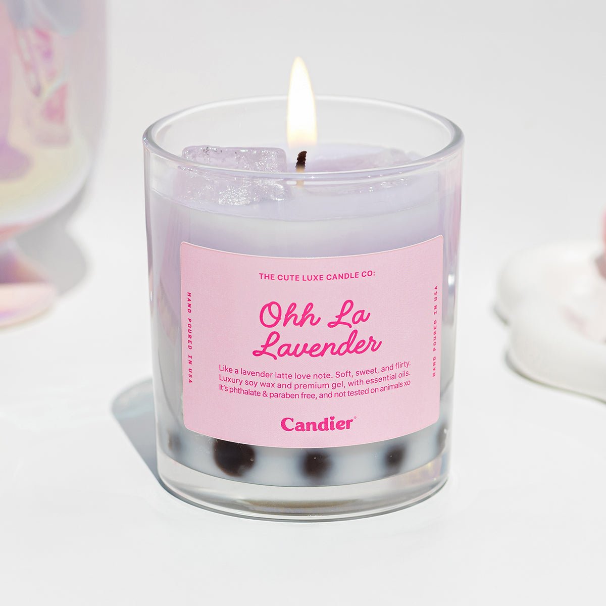 Dessert candle with a lavender bubble tea matcha aesthetic and soft girl style