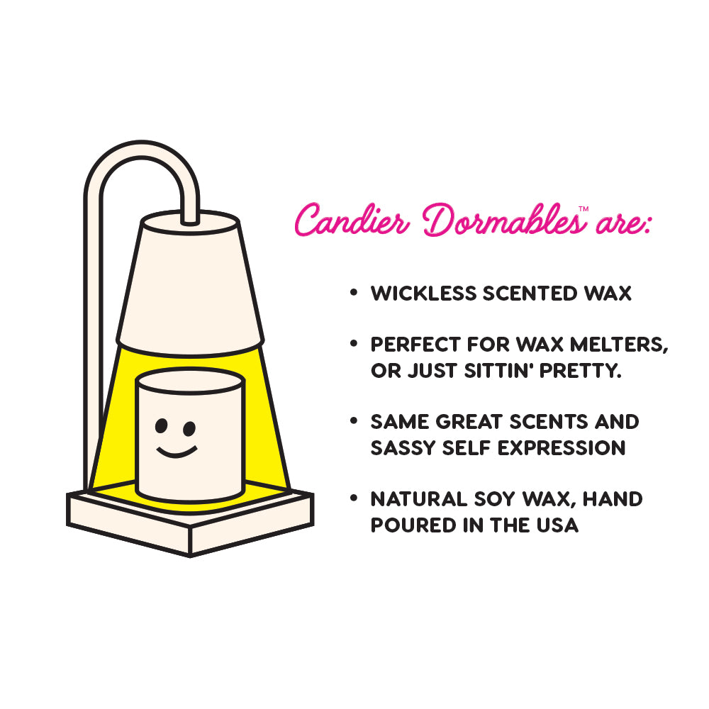 A cute infographic explaining the benefits of Candier Dormables™ wickless candles. Scented wax melts, made in USA. Tick it off your college dorm checklist​ now