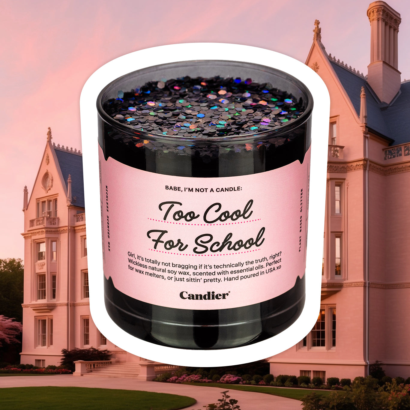 a glossy black wickless candle wax melt with a pink label that reads Too Cool For School by CANDIER, with a background of a pink college campus