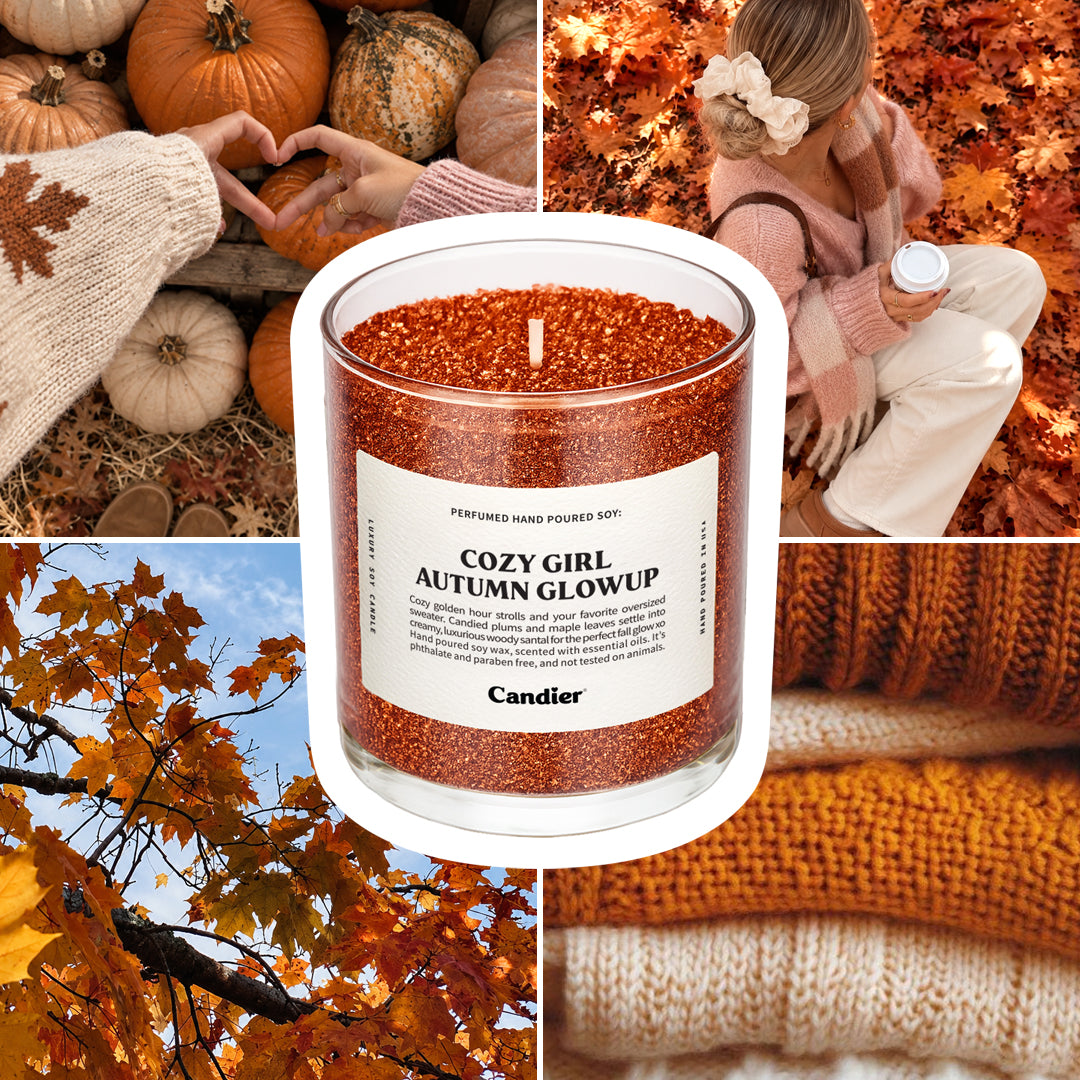 Candier fall candle with cute autumn outfits and fall decor