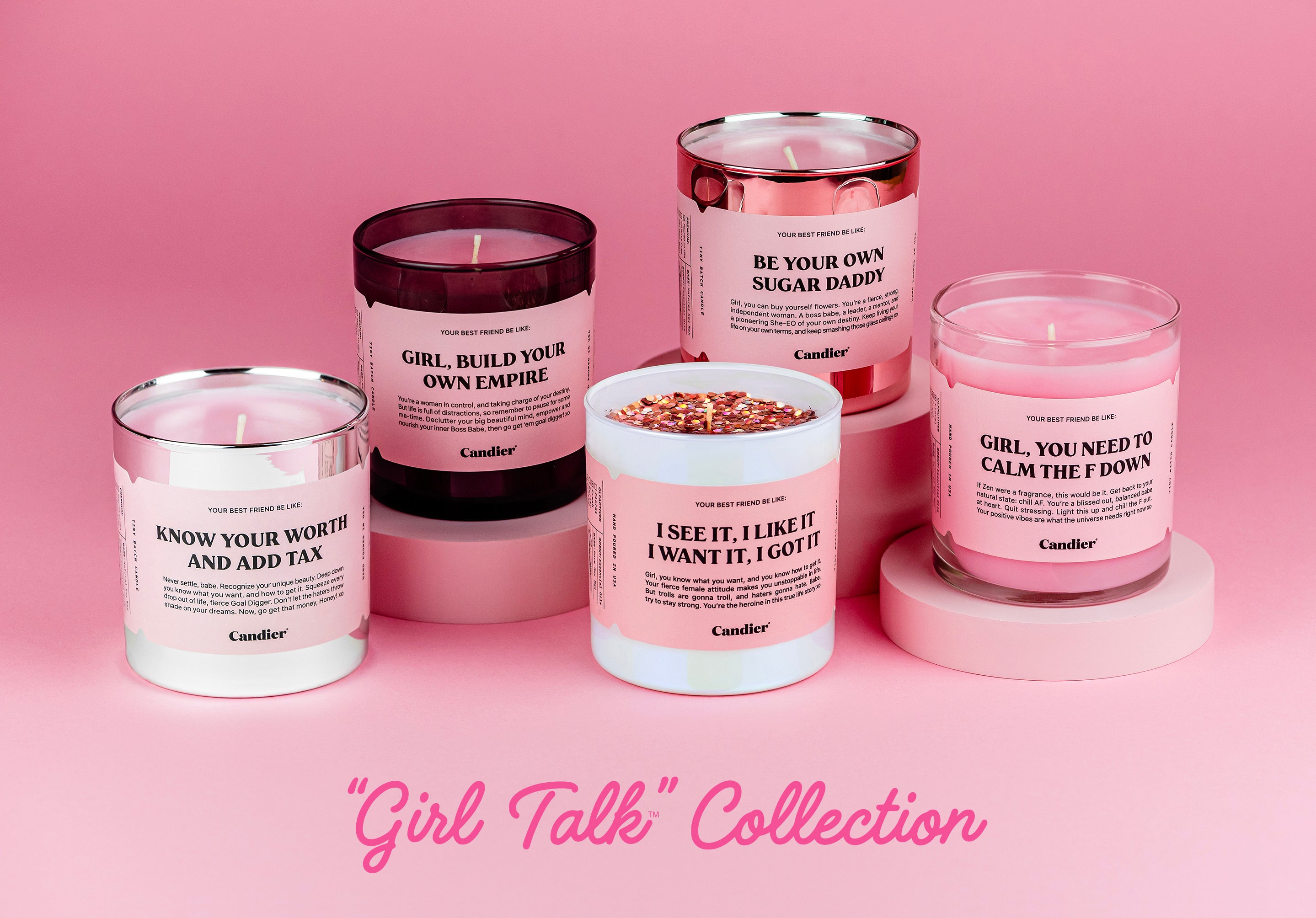 a collection of candles with string female empowerment messages 