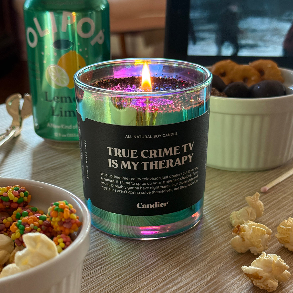 Candier True Crime TV Is My Therapy candle with sparkling plant based eco glitter perfect cute halloween decor for true crime fans