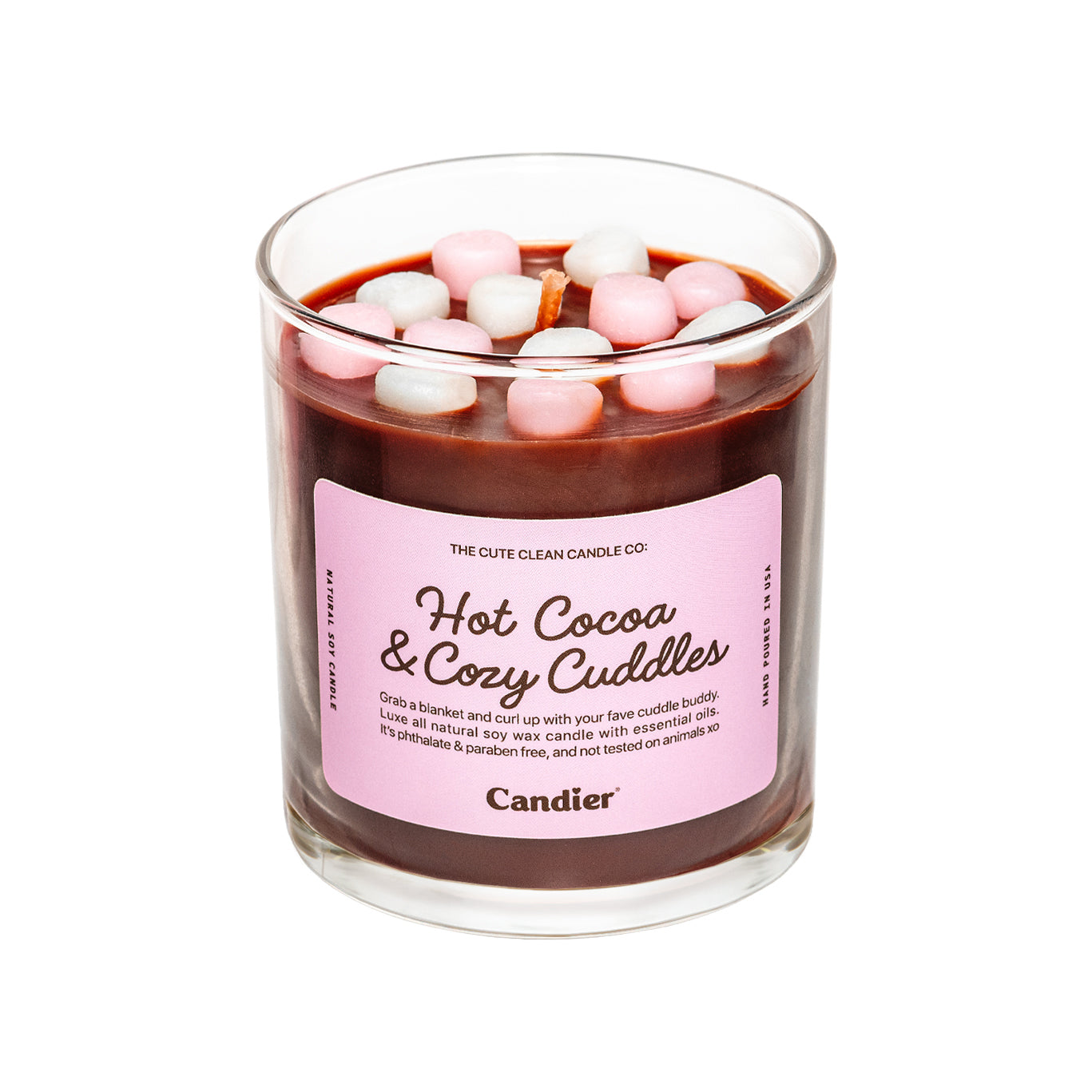 A luxury hot cocoa-scented Candier candle with rich, chocolate-brown wax and hand-poured pink and white soy wax marshmallows. The cute, pastel pink label reads Hot Cocoa & Cozy Cuddles, capturing the ultimate cozy winter vibes. A sweet treat for chocolate lovers, hand-poured in the USA with a clean luxe scent.