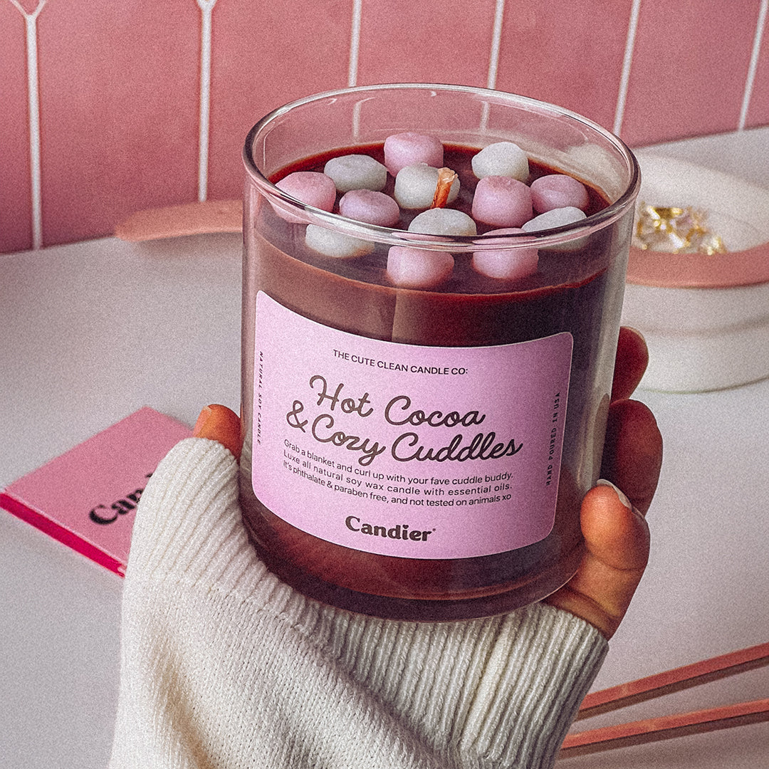 Hot Coco Candle – luxury hot chocolate-scented soy Candier candle with rich cocoa, marshmallow, and whipped cream. A cozy winter candle, perfect for chocolate lovers