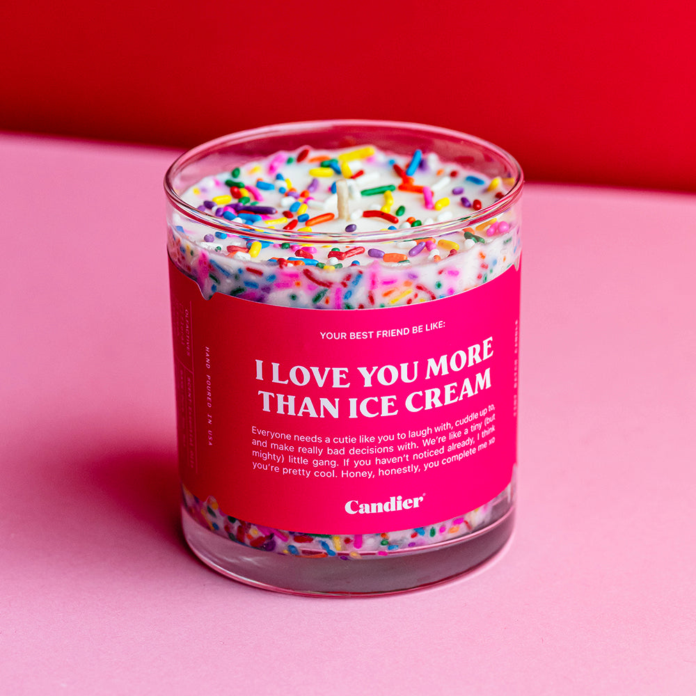 ice cream themed candle with colorful sprinkles and a label that reads I love you more than ice cream