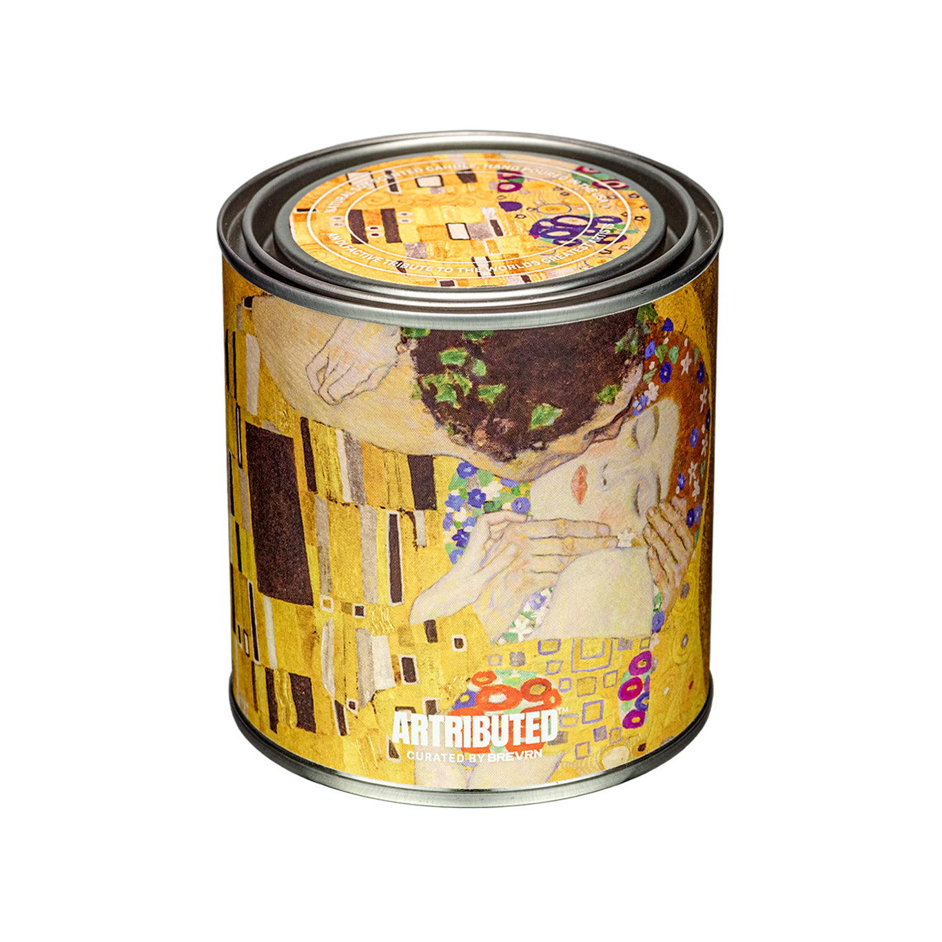 A premium candle wrapped in a high quality reproduction of Klimt's beloved The Kiss painting