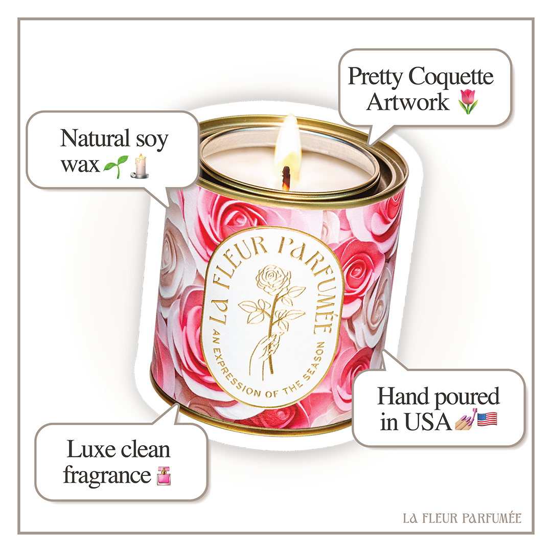 Premium floral-scented candle in a gold tin – Featuring rose-scented notes, this gourmand candle blends floral elegance with sweet vanilla scent for a luxurious burn.