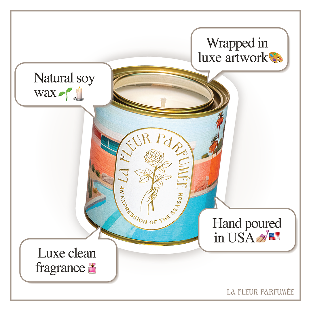 Made in USA, this luxury candle is made with natural soy wax and a clean fragrance blend. No phthalates, no parabens, cruelty-free. La Fleur Candier candles