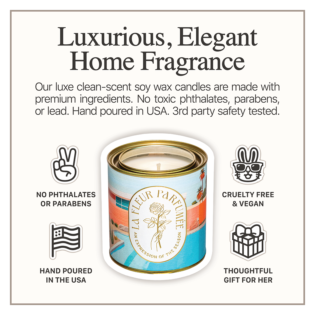 A luxury scented candle inspired by Palm Springs decor. This vacation candle with citrus, jasmine, and musk creates a warm, relaxing summer ambiance. La Fleur Candier