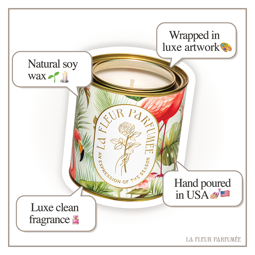 La Fleur luxury candle inspired by South Beach Miami decor. Made in USA candles crafted with clean fragrance oils. This beach scents​ soy candle is phthalate-free, cruelty-free, and ideal for lovers of tropical fragrances