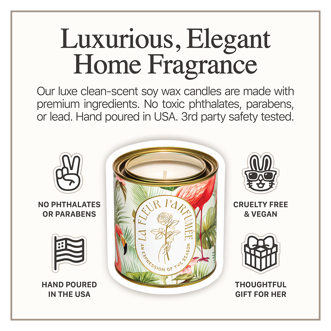 La Fleur South Beach scents​ flamingo candle. Aesthetic vacation candle featuring flamingo drawing and beach house aesthetic. The perfect luxury home fragrance for a tropical-inspired escape