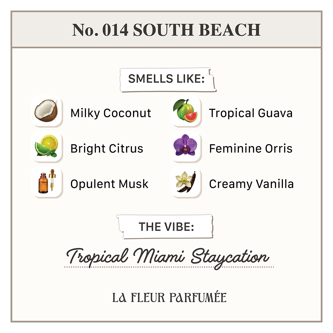 No. 014 South Beach Candle – A luxury scented candle featuring tropical fragrances, coconut, guava, orris, and vanilla scent for a secret staycation experience