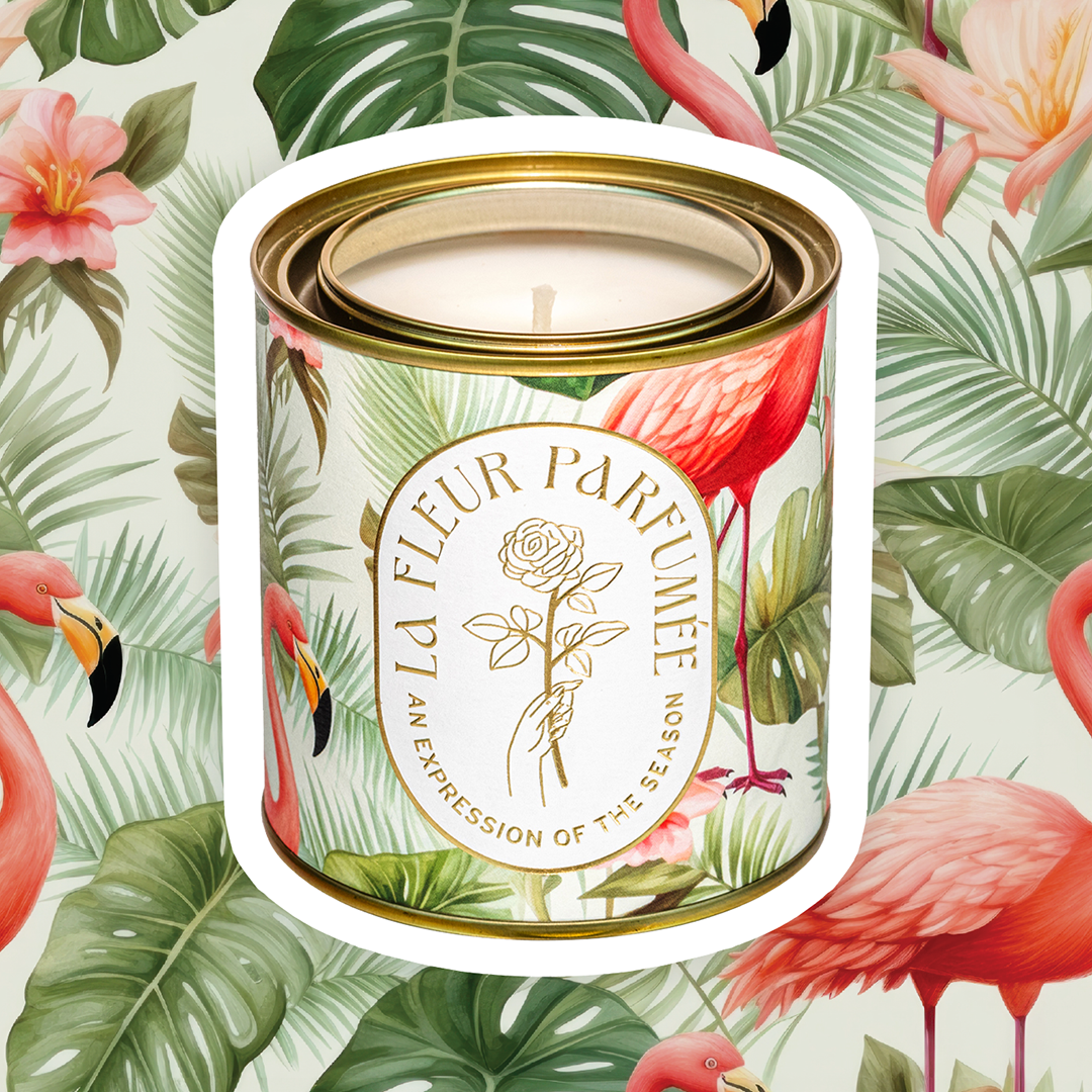 A vacation candle with a tropical beach scents. This coconut candle blends citrus, orchid, and musk, perfect for a Miami interior style aesthetic