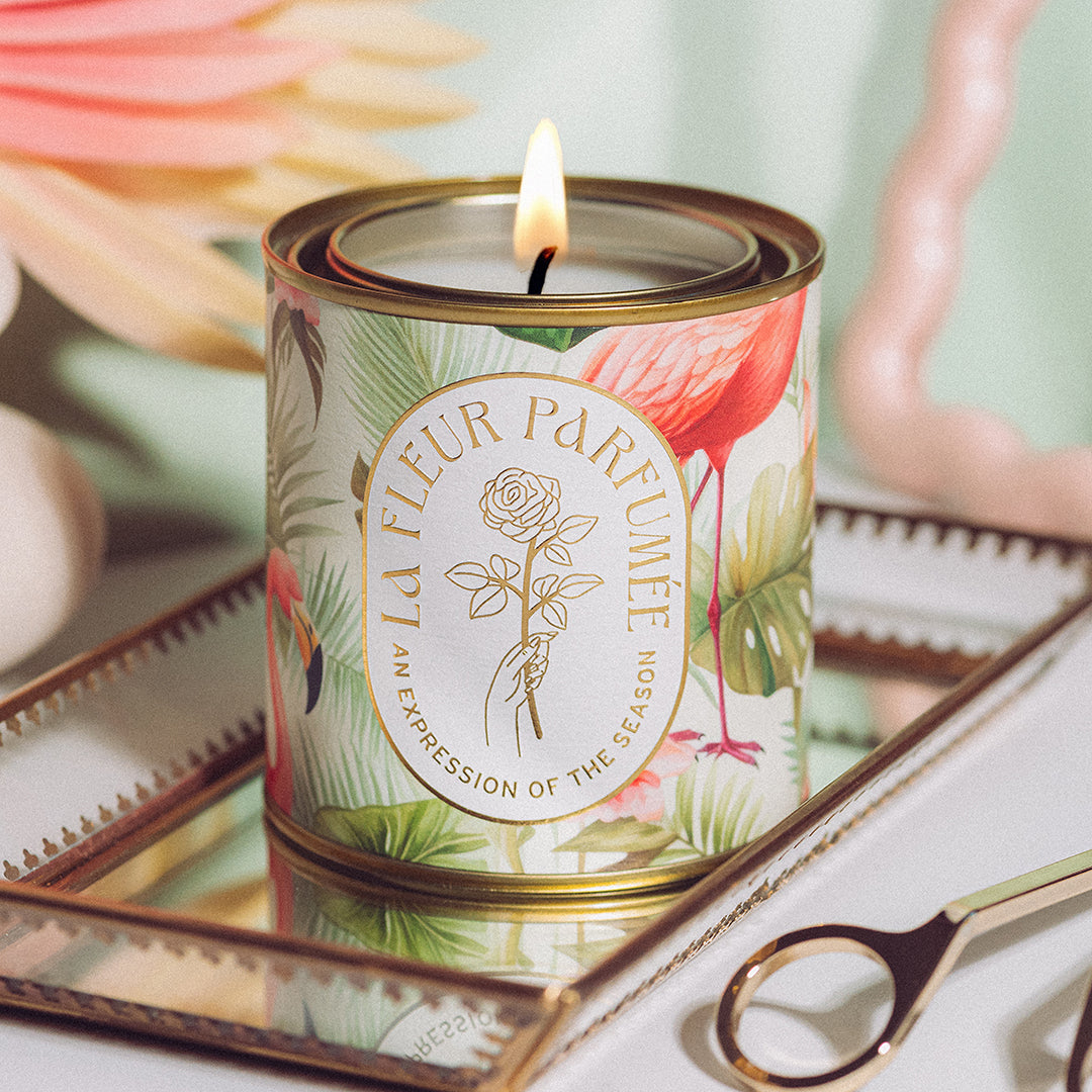 La Fleur South Beach Flamingo candle. A fancy candle designed for lovers of beach candles, best summer scents, and coastal home decor. Perfect for creating a luxury vacation ambiance.
