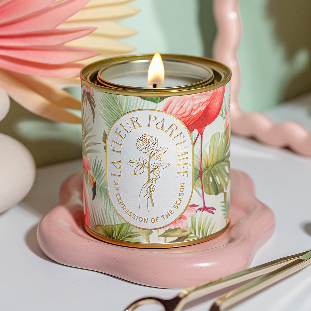 La Fleur flamingo candle Inspired by Miami style, beach scents​ and flamingo decor, this luxury candle blends beach scents with creamy vanilla and musk for a secret staycation vibe.