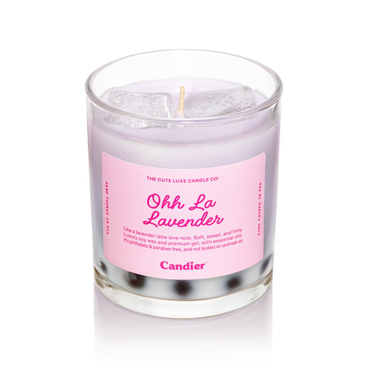 Lavender Candle that looks like matcha boba tea with a pink aesthetic label on a white background