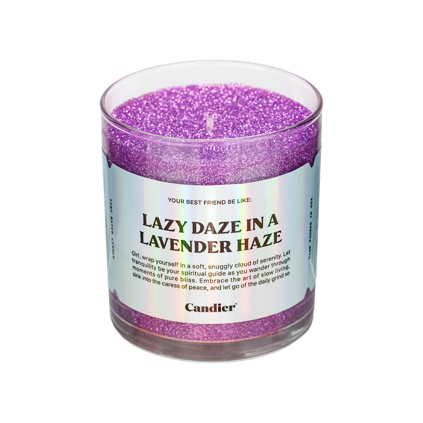a purple candle with sparkling oaknt based glitter and a label that reads Lazy Daze In a Lavender Haze