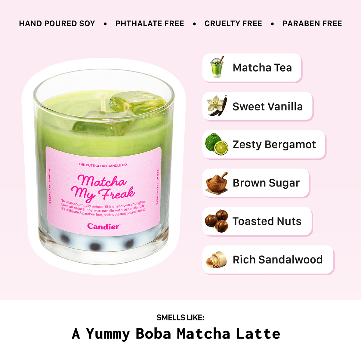 Matcha candle scent notes including matcha green tea. Cute dessert candles by candier make best gifts for friends 