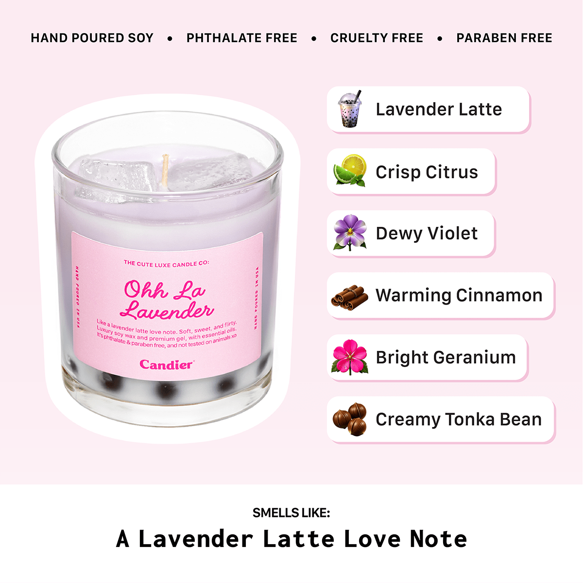 Cute candle by Candier that looks like lavender bubble tea with a pink label on a featuring candle fragrance notes.