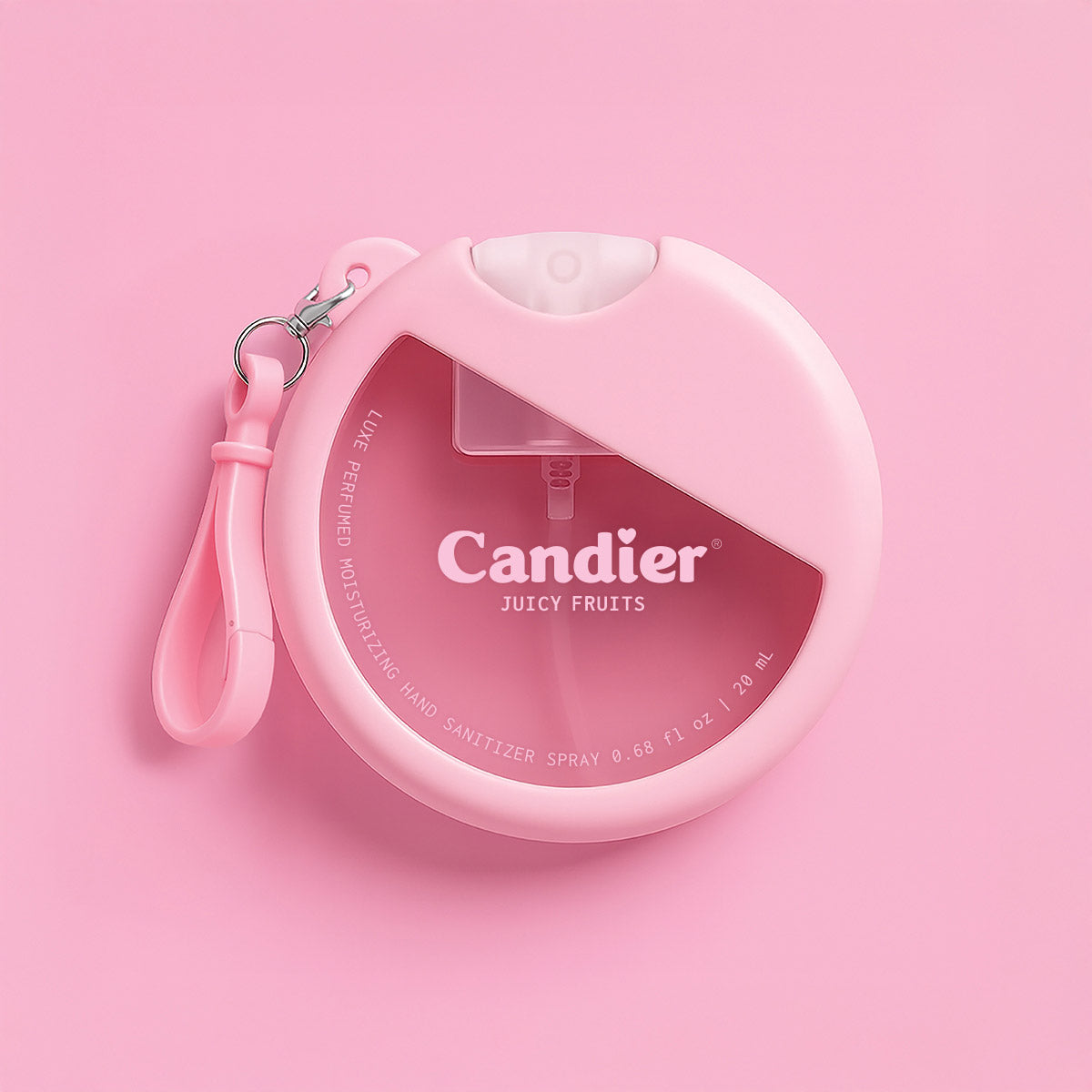 Moisturizing hand sanitizer​ spray by Candier that smells like perfume, sweet scent gourmand fragrance and cute pink aesthetic