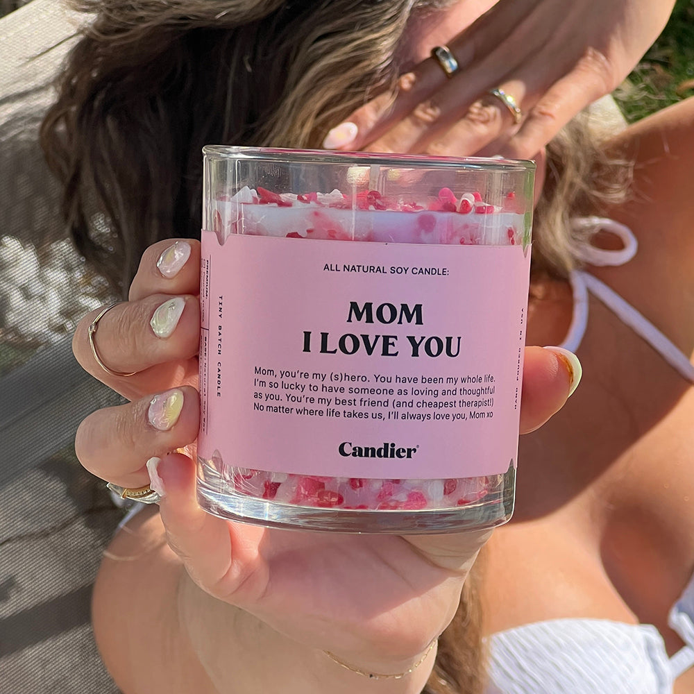 Premium Hand-Poured Mom Candle with Heart Sprinkles | A chic and luxurious soy candle with a soft floral-fruity scent. The ultimate Mother’s Day or birthday gift.