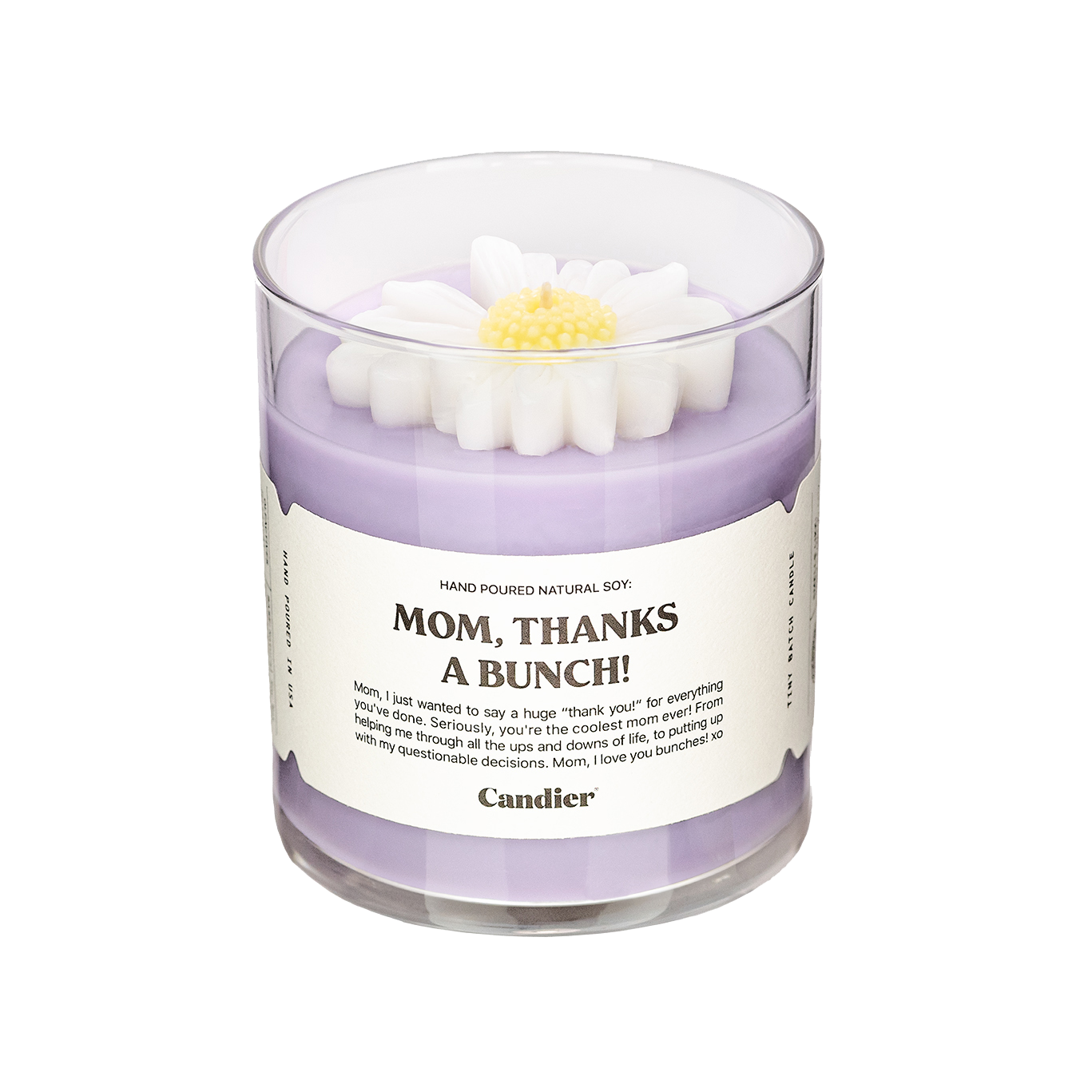 Candier Mom Thanks a Bunch Luxury Mother's Day candle gift – floral-scented soy wax candle with a hand-sculpted wax flower. The perfect present for mom, hand-poured in the USA