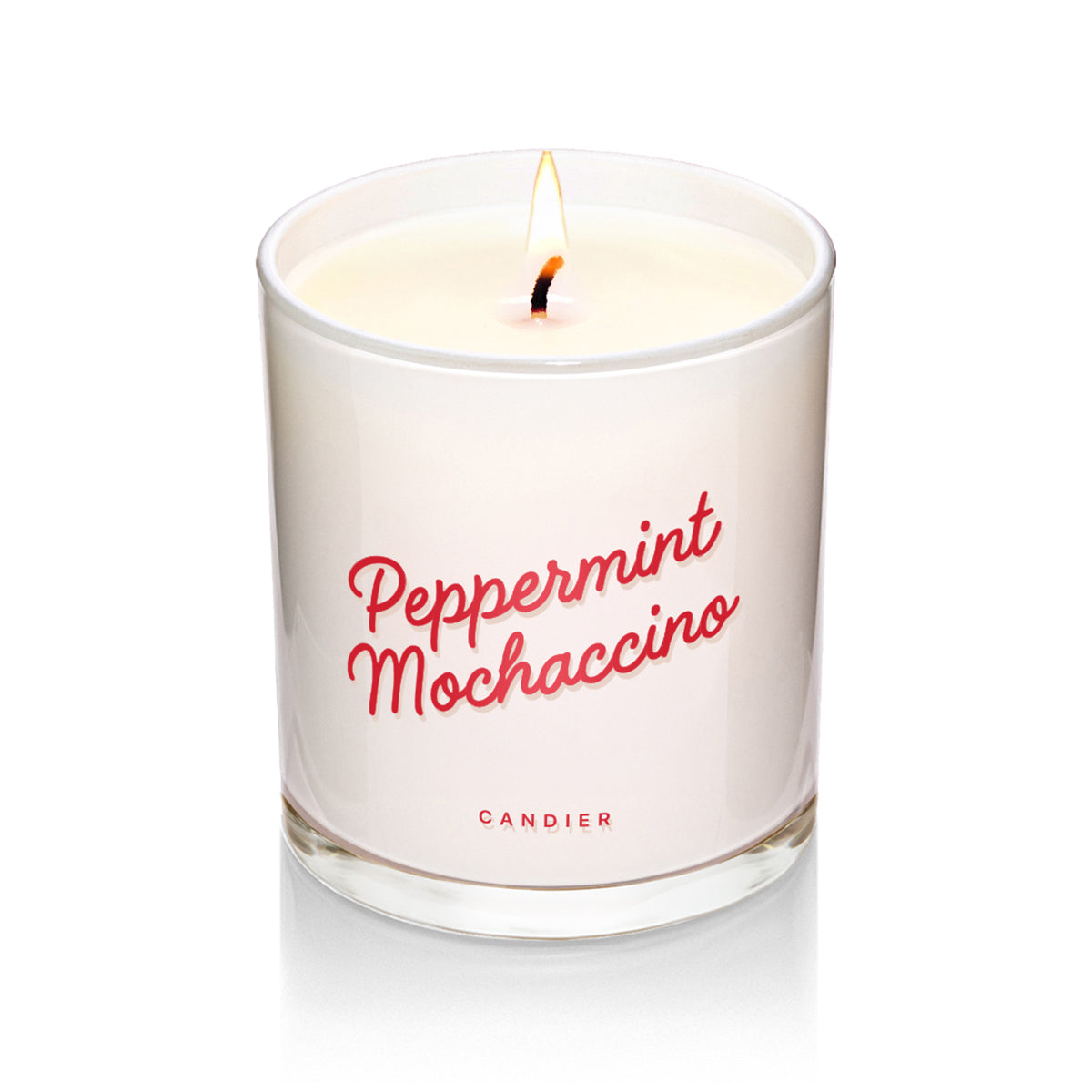 Festive Peppermint Candle with chocolate. Elegant Christmas candle with modern aesthetic and gourmand scent  