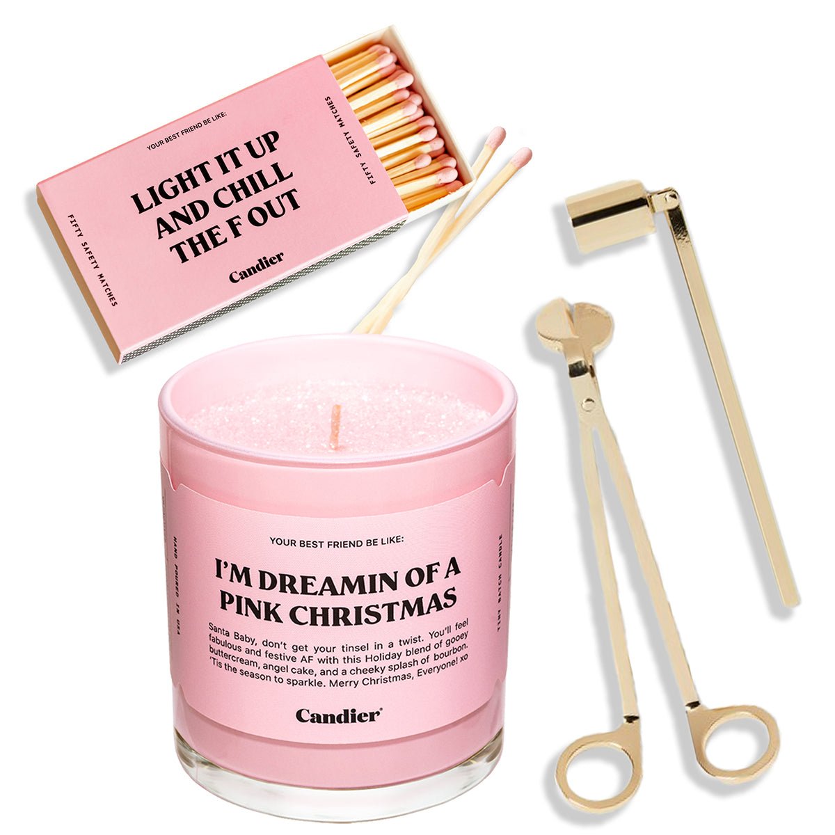 Candier I'm Dreamin of a Pink Christmas gift set with long safety matches. Candle wick trimmer​ and snuffer set​. Best Christmas gifts for teens, sisters and friends
