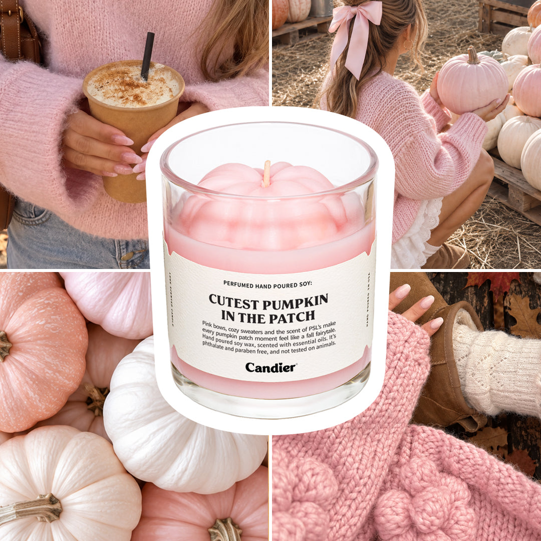 Candier Cutest Pumpkin in the Patch fall candle with cute fall outfits and pink  autumn decor