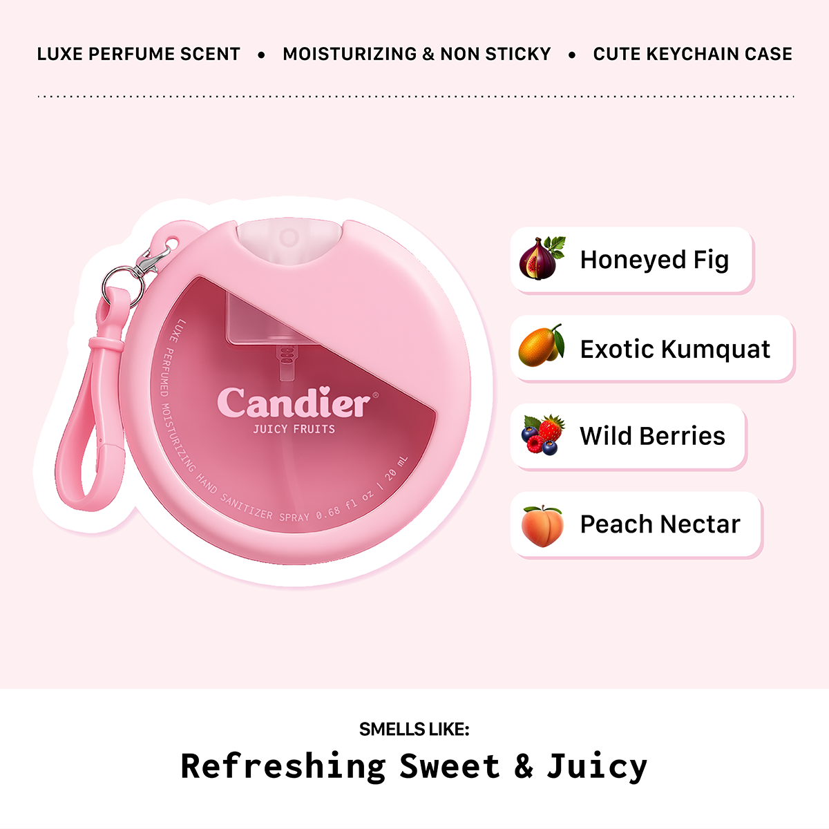 Candier Juicy Fruits Scented hand sanitizer​ with sweet fragrance notes and fruity gourmand scent 