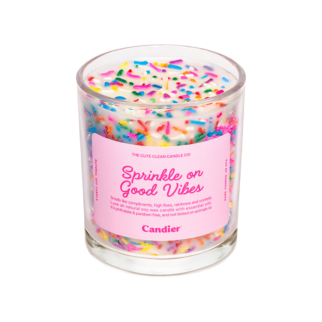 Candier Sprinkle On Good Vibes Hand-poured vanilla scent cake candle with creamy gourmand fragrance  – Luxe soy wax and thoughtful birthday gifts for her